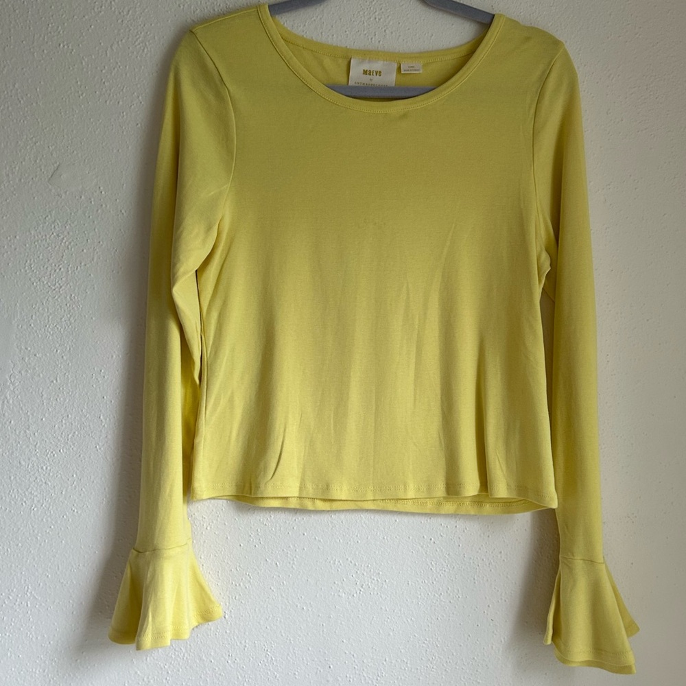 Anthropologie Maeve Yellow Long Sleeve Bell Sleeve Ruffle Blouse Large
